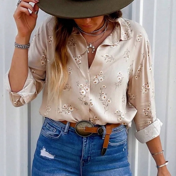 Boho Floral Print Button Down Boyfriend Shirt - Picture 2 of 6